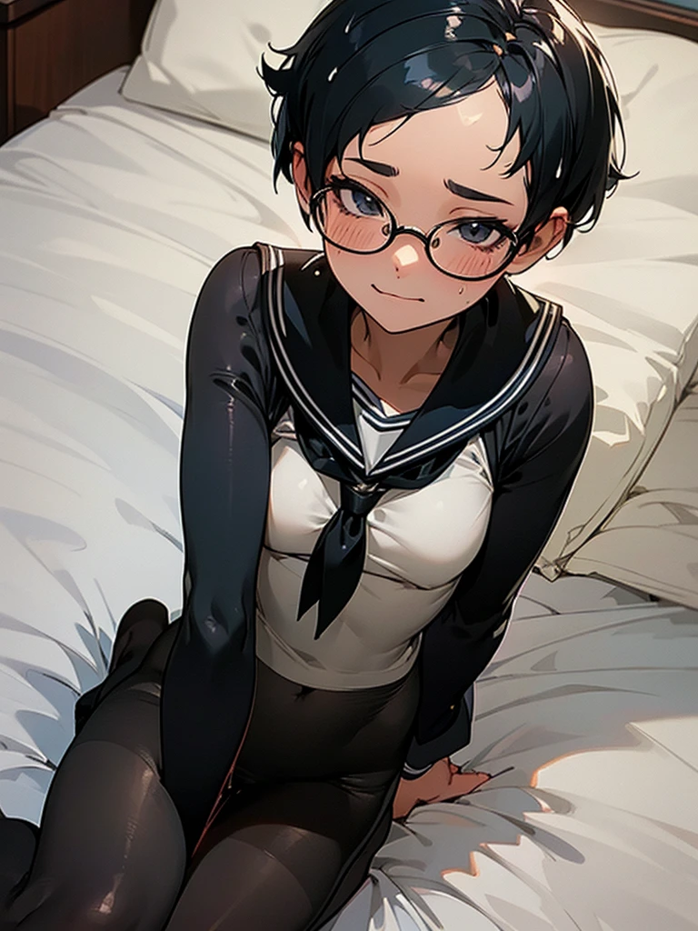 masterpiece, best quality, girl, , (peti, glasses, black hair, middle hair,
 seductive smile, :o, lying, sailor uniform, (open clothes), (clothes lift), small breasts, nipples, pussy, library,