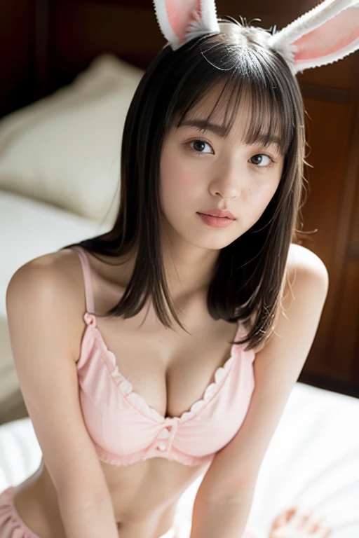 a close up of a person laying on a bed with a bunny ears on, ultrarealistic sweet bunny girl, droppy big eyes,with bunny ears, bunny girl, very beautiful cute girl laying on the bed, young and cute girl, 2 , smooth white bathtowel,cleavage, with bunny rabbit ears, 21 years old, 2 , japanese goddess, with long floppy rabbit ears,medium breasts,cleavage,slender waist,abs,laying on the bed