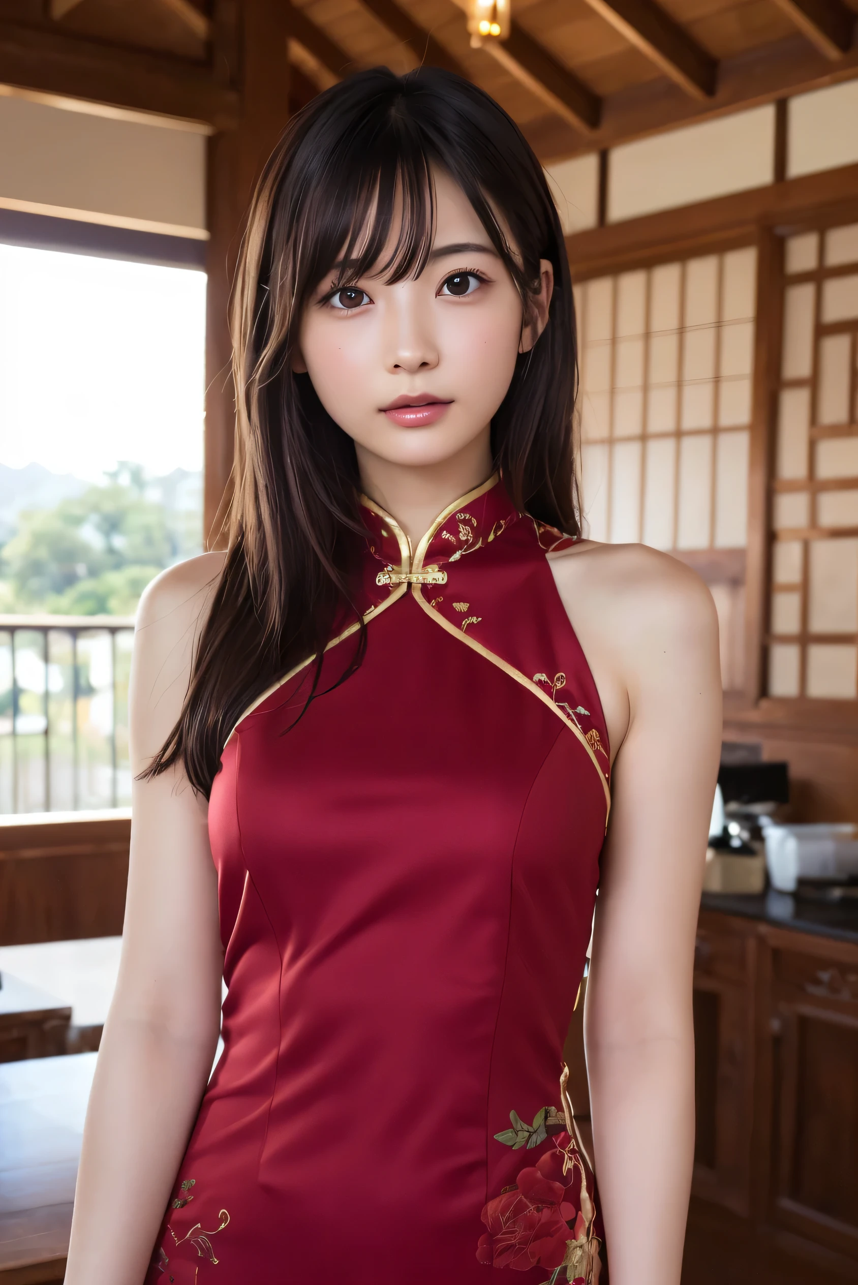 (8K, RAW Photos,Highest quality, High resolution:1.1), (Ultra-realistic:1.4),(Realistic, Realistic:1.3),The Beauty of Japan、((China dress:1.3))、((Upper Body:1.3)),holding panties