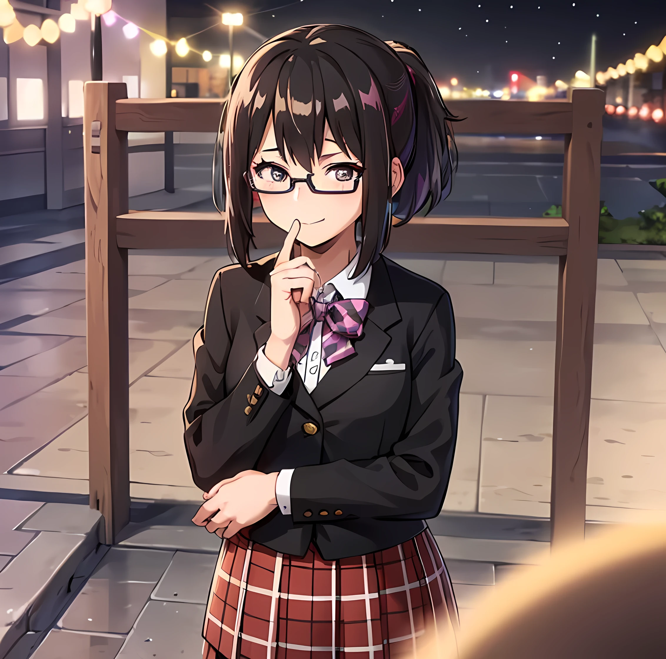 multicolor hair glasses, ((masterpiece, Best Quality)), ( Details Brown Hair , ponytail), eyeshadow,  sakura asumi - nakaima hime  [DVD 720p-xvid  ], 1girl, alone, black hair, skirt, smile, plaid, plaid skirt, school uniform, shirt, looking at viewer, score_7_up, (masterpiece, ultra high resolution, 8k, 16k, Super detailed), software, ((Hero View)), 1 Girl, Purple Hair, (Curvy Hair, Long Hair, hime cut:1.2), Black Tuxedo, open button tuxedo , ( place your hand on your lower back), Night view, flashy bright background, Fashionista, narrow depth of field , bokeh, Contrast