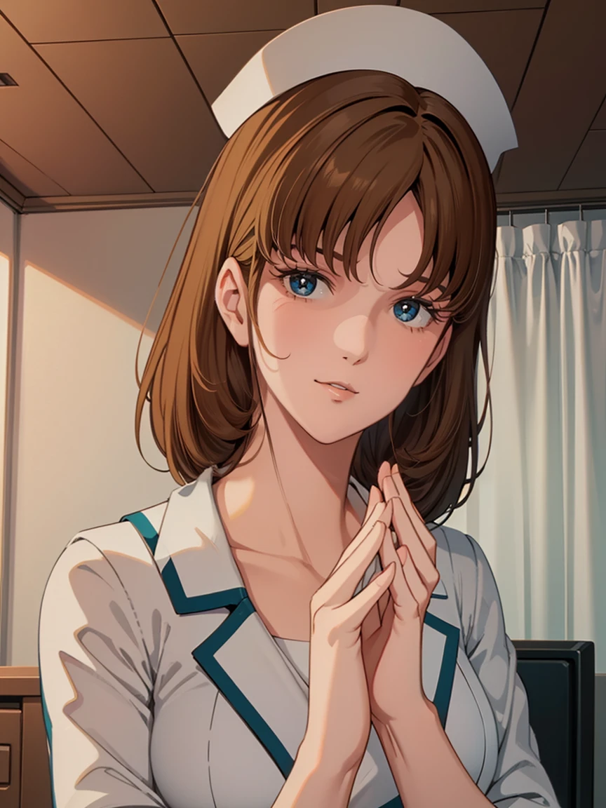 photo realistic,8k,finely detailed skin,detailed skin texture,high quality skin,realistic skin,from,1girl,white nurse uniform, little white nurse (cap), white open shirt,hospital, hospital room,masterpiece, best quality, high resolution, 4k, ultra high resolution, highly detailed, highly detailed, beautiful eyes, beautiful hair, beautiful side, beautiful skin,detailed shiny skin,good hands, best hands,curvy,Cosmic eyes,Hayase Misa