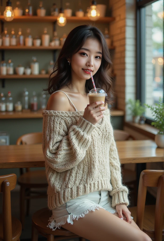 (8k resolution, RAW photo format, high quality, masterpiece:1.2), Create an image of a cute Japanese woman wearing thin clothes, Loose, chunky knitted off-the-shoulder sweater and shorts that barely cover the thighs. She stood at the counter of the cafe,  with your back to the camera，Cross your legs，Lift your hips. She is sipping her iced milk coffee through a straw. The environment should be fashionable, Cozy cafe with warm lighting, A woman&#39;s posture should convey an air of ease and confidence.. Ensures texture and transparency of knitwear is clearly visible, Capture the casual and elegant moments in the scene.