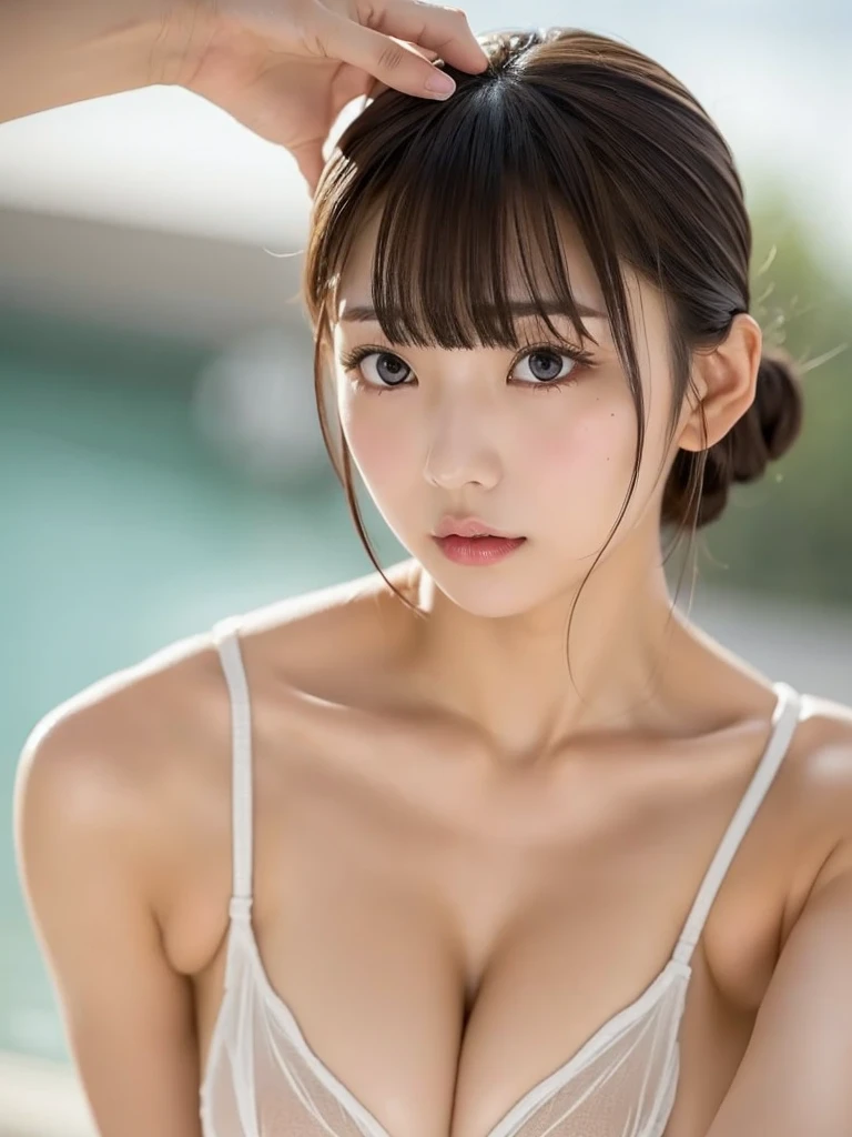 Single eyelid, Hair tied up, Young and cute, 23 years old, Hairstyle with bangs, nsfw, 1girl,  penis,  straight, breasts, 1boy, paizuri, looking at viewer, solo focus, wet, collarbone