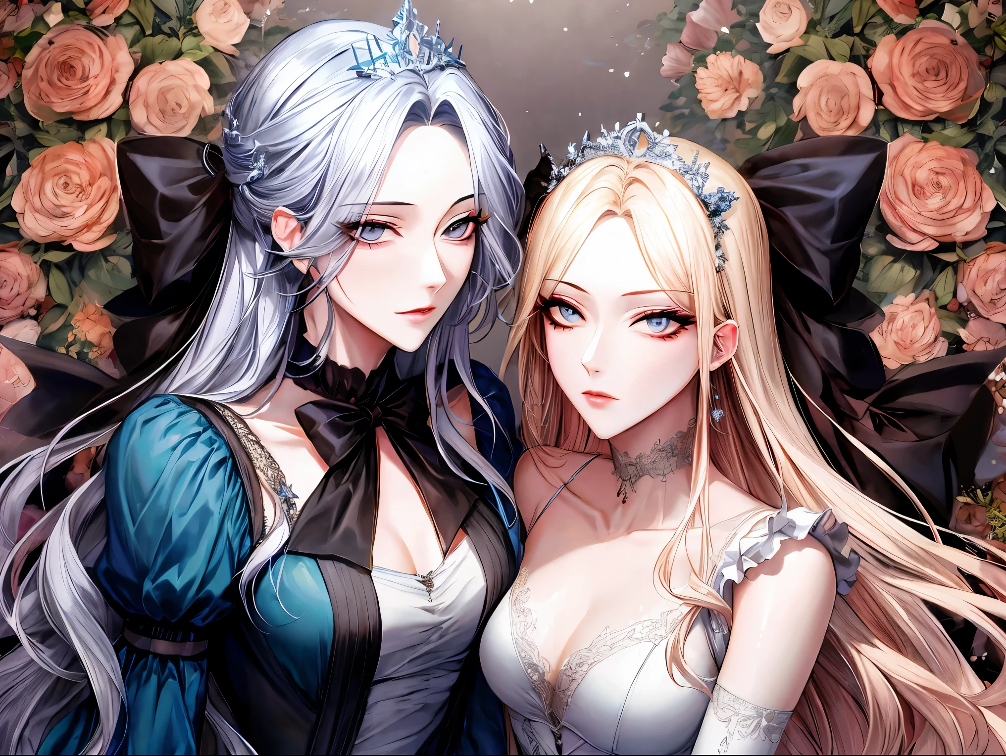 Girl manga style, ( Floral Background), Romance Manga, (2girls:1.2), (Aligned),  silver hair,  blond hair, Alone, Long Hair, flower, dress, ( tiara ), white dress, Gloves,  long sleeve,  choker, mascara, compensate, white Gloves, black bow, black flower,  Wavy Hair, bow,  JEWELRY,  watching viewers , White background, clavicle,  puff sleeves,   silver accessories  ,  upper body, parted bangs, very Long Hair, blue dress, frills, bangs,  closed mouth, Detailed eyes, (close),   Sparkling Skin ,  Shiny Skin 