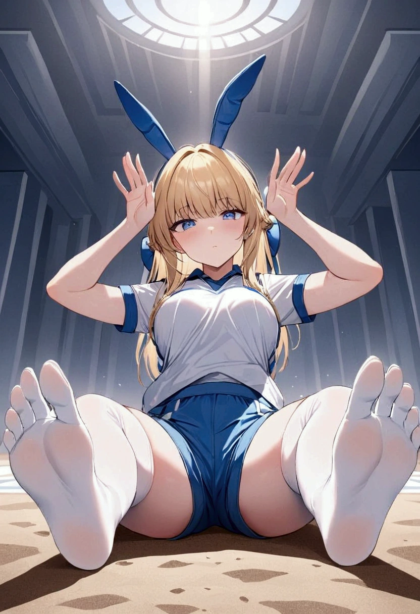    High image quality 、masterpiece、 high quality、Full HD、4K、 feet 、Rabbit pose with hands、blonde 、 blue eyes 、 white stockings  、 shorts、 white gym uniform 、Ground