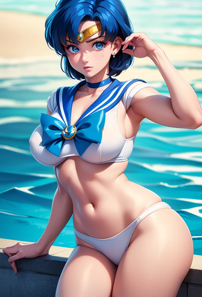 1 girl, (sailor moon), sweaty skin, small tits, delicate beautiful face, embarrassed, perky breast, small tits, protrude, shiny white swimsuit, (sailor collar), camel-toe, street, ultra detailed, photo realistic, full body, dynamic angle, (masterpiece:1.5), (best quality:1.2)、nsfw