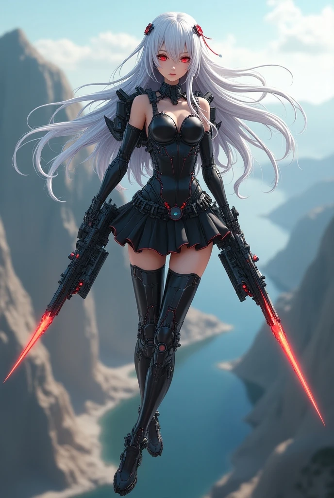Cyberpunk, mechanical, broken, there is a picture of a very large iceberg, cyberpunk, mechanical, broken, with a lot of snow, dungeon background, icicle background, arena background, game background, dark dark cave background,a female warrior standing up,((back view)),hands up in the sky,((smile:1)),silver hair,red lips,back view,((wide camera))