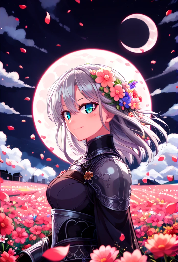 masterpiece, Best Quality,,  1 Girl, (colorful),( beautiful eyes and exquisite face with great attention to detail),cinematic Lighting,Bust,  Highly Detailed CG Unity 8K Wallpaper,Gray Hair,Alone,smile, Intricate Skirts ,(( Flying Petals )),(Flower Field), null, cloudy_null,  Building, moonLight, moon,  Knight , (Dark Theme:1.3), Light,  fantasy,