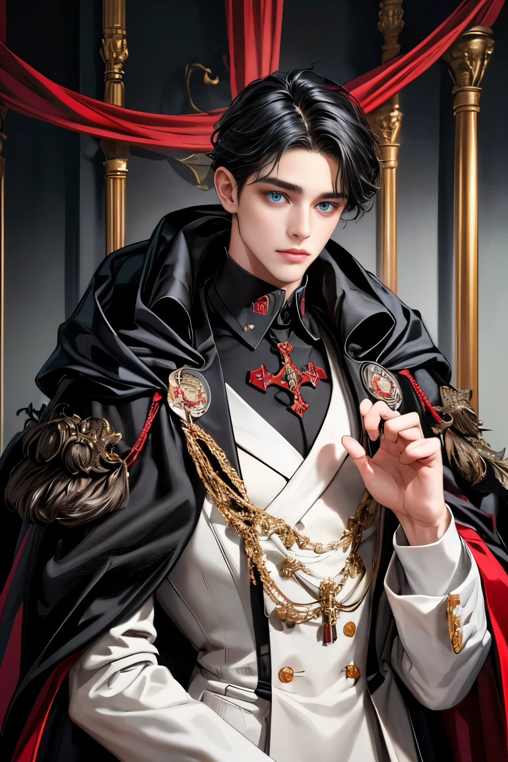 masterpiece, 最High image quality, High image quality, 1. Boy, alone, Focus on men, upper body, watching the audience , Untidy black hair , Adorable big blue eyes, white, Noble, Noble,Sexy voluminous 、 very tall big
Very voluminous with stand-up collar, big, very big, very big, length, length red and black cape with a high stand-up collar, black cloak made with enough fabric to reach the floor 、tuxedo、cute beautiful,cute, cute, kind、Thin cheeks 、Beautiful man with big eyes