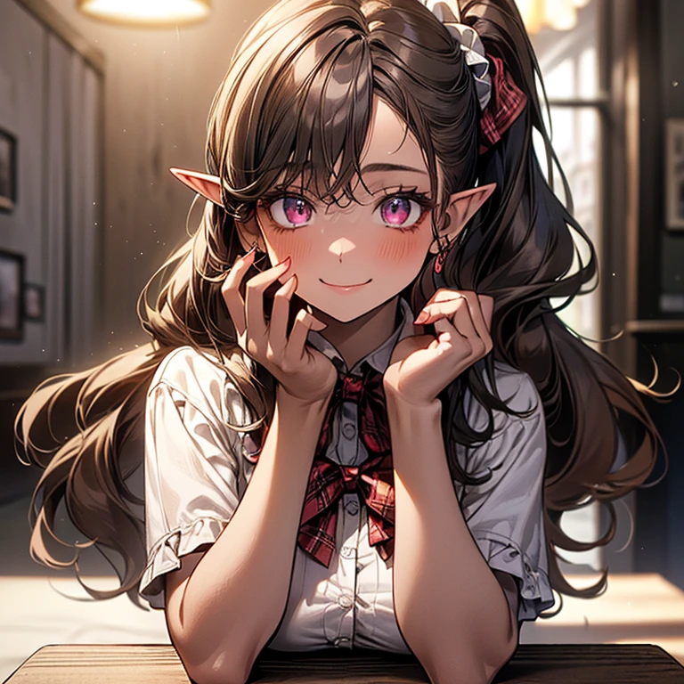 ((masterpiece:1.2), best quality, ultra high res, beautiful detailed hair detailed face, perfect feminine face, beautiful detailed eyes, 8k,  photorealistic , (finely detailed beautiful eyes and detailed face cg), (bright colors), (anime), break, elf, a girl, dark skin:1.2, slender, huge breast, a high school student, (light brown hair, wavy and silky hair, side pony tail), red scrunchie, purple eyes, Lash extensions, long eye lasher, (happy, lovely smile, upper eyes), (((perfect hands, complete anatomy))), (hands up, elbows on table, face palm、Rest your chin on your hands), shiny skin, break, collared short sleeve shirt, white shirt, grey plaid pleated skirt, red plaid bow tie), (cleavage), a family restaurant at noon, across the table, blurry background, indoors, upper body, ((perfect anatomy, limb and hand and finger and arm, hands finger 5 digits))