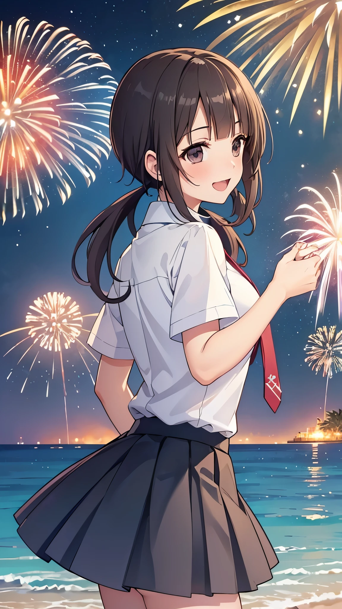 (16k, ultra high resolution,Best Quality,masterpiece,Super detailed,Perfect lighting ),((Very big bright fireworks:1.3)),((Summer Night:1.3)),Japanese Island,Okinawa looking back at the camera, low twintails,white shirt, short sleeves, red necktie, blue skirt,Sea and beach, highly detailed facial features,  perfect face,  perfect eyes, anatomically correct body,open mouth,happy smile, taken from behind,Starry Sky,Black Eyes