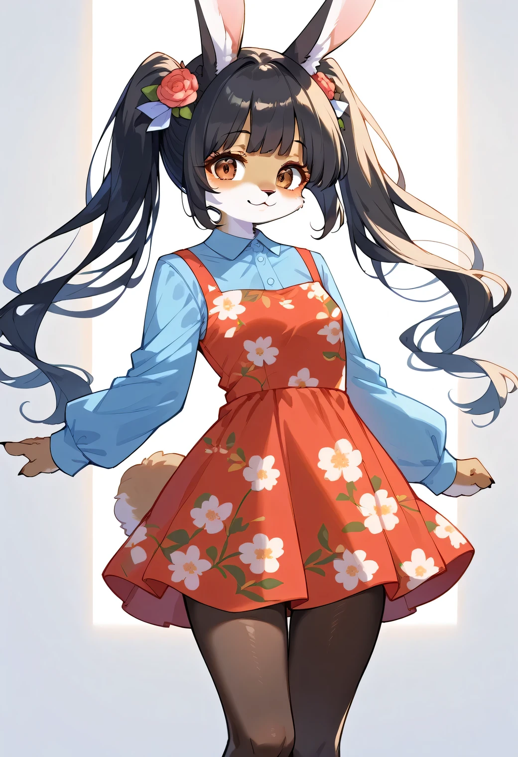 score_9, score_8_up, score_7_up, score_6_up, score_5_up, score_4_up, source_anime, best quality, amazing quality, very aesthetic, absurdres, 1girl, (furry, kemono:1.2), rabbit, rabbit girl, dress, floral print, black hair, twintails, pantyhose, solo, long sleeves, looking at viewer, standing, long hair, short dress, print dress, brown eyes, Illustration of a woman posing on the runway of a fashion shiyo. Frugal fashion show venue with white background, lighted from various angles to bring out the model at her most beautiful.