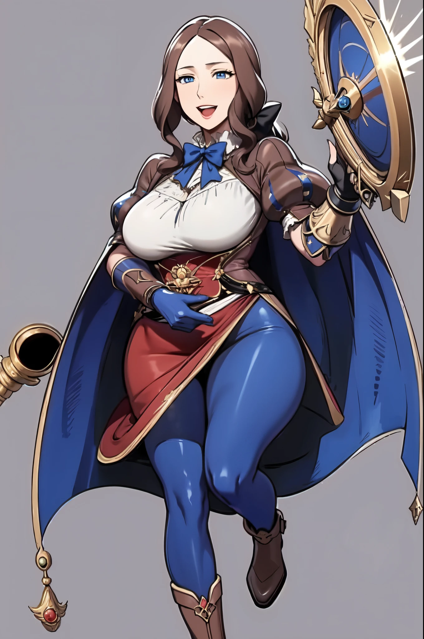 masterpiece, Best Quality, 1 Girl,  Leonardo da Vinci (destiny),  Leonardo da Vinci (caster) (destiny), Alone, シングルGauntlet, Brown Hair, Gloves, Long Hair,  puff sleeves, parted bangs, puffy Short sleeve, staff,  blue eyes , Brown footwear,  puff and slash sleeves only, blue Gloves, red skirt, blue pantyhose, Short sleeve, Full Body, Gauntlet, smile, shoes,  opens her mouth, skirt, holding staff, holding,  watching viewers , bangs, pantyhose, , bow, star (symbol), :d,  elbow Gloves, simple background, amount, dress, chest, standing, frills, blue bow, bowtie, frilled skirt, Cape,  ponytail, shirt, , blue bowtie, brown dress,(KBXLL-san:0.6)、 Bust９０㎝、（（３０age））