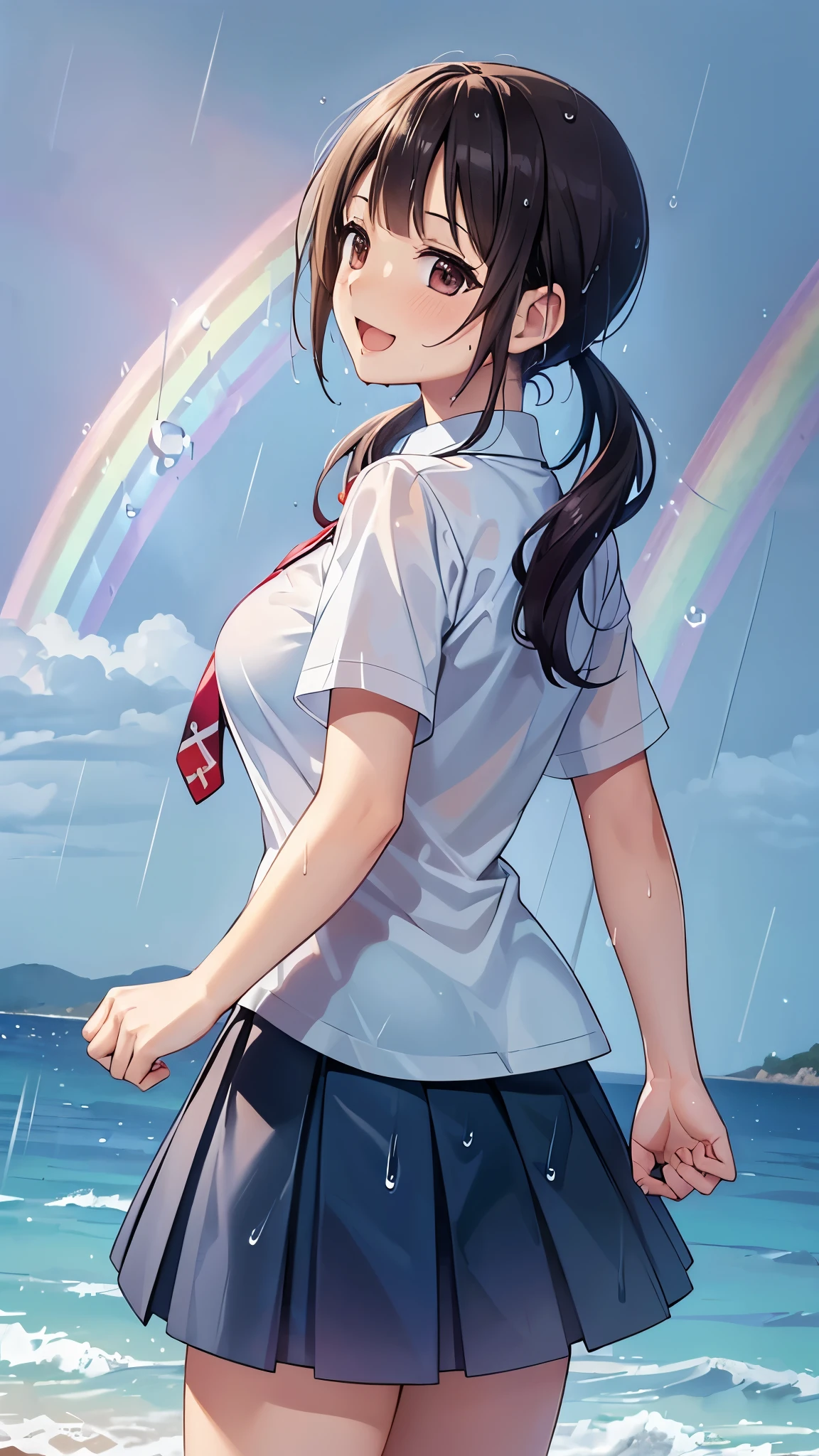 (16k, ultra high resolution,Best Quality,masterpiece,Super detailed,Perfect lighting ),((A very big rainbow:1.3)),((Rain in the Blue Sky :1.3)),Japanese Island,Summer evening,Okinawa looking back at the camera, low twintails,white shirt, short sleeves, red necktie, blue skirt,Sea and beach, highly detailed facial features,  perfect face,  perfect eyes, anatomically correct body,open mouth,happy smile, taken from behind,Enoshima,Shonan,red cheek:1.3