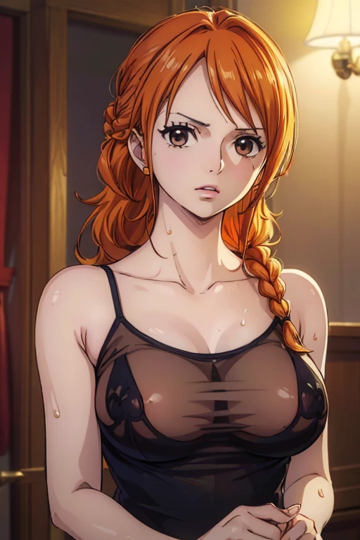  (Masterpiece,Best Quality, 4K, 8k,  Kampala, masterpiece:1.5), Super detailed, (Realistic, photoRealistic, photo-Realistic:1.37) , One Piece Nami who works in a corporate office, must be made in an anime style ,Her hair is bright orange, Beautiful Hair, Beautiful Hair型,(Delicate Braid 1  .2),Side Tail 1.1, (Realisticな肌), beautiful details in her eyes , Beautiful Brown Eyes,Beautiful Skin,Beautiful lipstick,Beautiful Lips, Charming,Sexy look , upper body,(transparent see-through camisole nsfw:1.4),Large Breasts,belly button,Wet skin,アートスタイルはCharmingなアニメスタイルに似ている, rendering, add HDR to enhance visual effects , 超 Kampala,  studio lighting , Ultra-fine painting, Sharp focus, 物理ベースrendering, professional,  bright colors ,超 Kampala, High image quality,Perfect fingers,Perfect limbs,Perfect Fingers