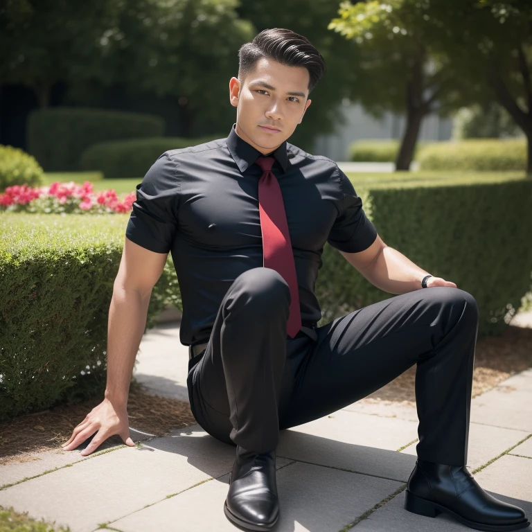 33 years old,One Man,、Handsome。Black Shirt、Red tie、Black slim pants、Dhaka - Fighters、garden。The shade on the lawn、logic,Gay ,Very short hair、　,Asian Face,、　Handsome　Menacing look　　　Black socks　Show the soles of your feet