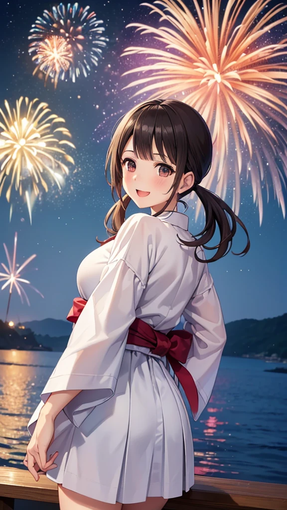 (16k, ultra high resolution,Best Quality,masterpiece,Super detailed,Perfect lighting ),((Very big bright fireworks:1.3)),((Summer Night:1.3)),Japanese Island,Okinawa looking back at the camera, low twintails,White yukata,Sea and beach, highly detailed facial features,  perfect face,  perfect eyes, anatomically correct body,open mouth,happy smile, taken from behind,Starry Sky,red cheek