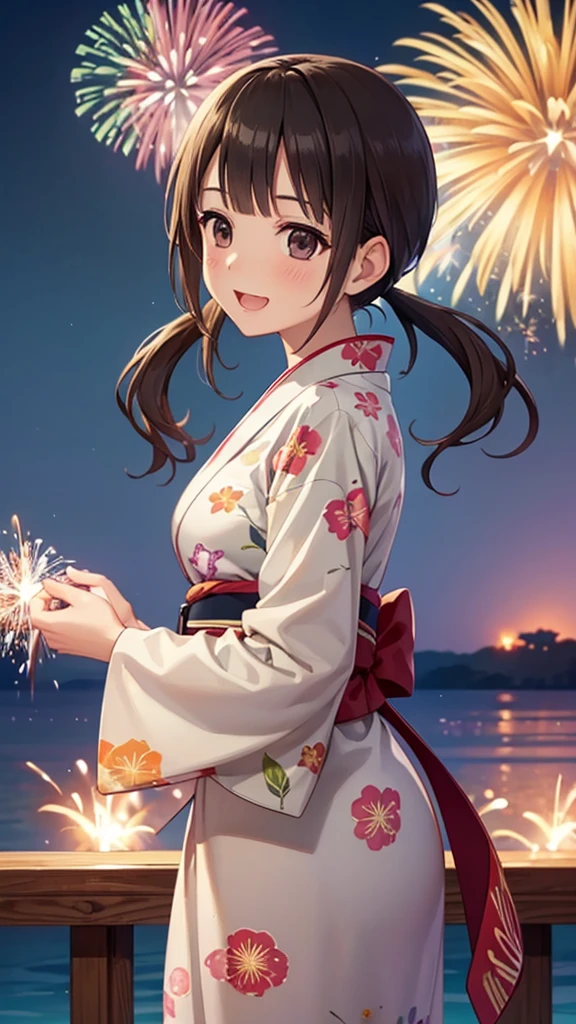 (16k, ultra high resolution,Best Quality,masterpiece,Super detailed,Perfect lighting ),((Very big bright fireworks:1.3)),((Summer Night:1.3)),Japanese Island,Okinawa looking back at the camera, low twintails,green yukata with floral pattern,Sea and beach, highly detailed facial features,  perfect face,  perfect eyes, anatomically correct body,open mouth,happy smile, taken from behind,Starry Sky,red cheek