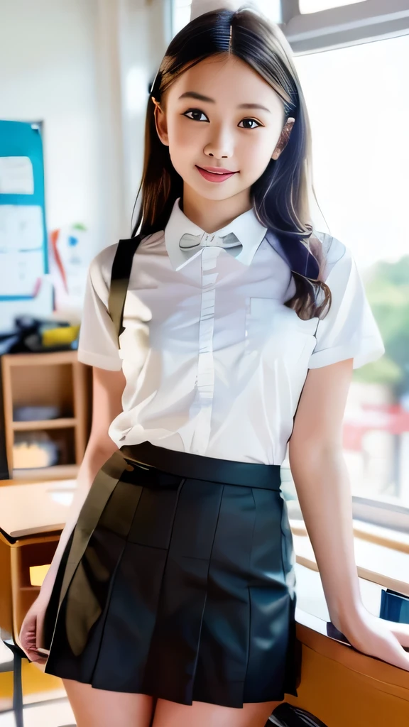  very detailed ,  high quality, masterpiece, (((Very beautiful elementary school student)))、Studying in a school classroom、Bright smile、8k、Realistic、High image quality、Super cute face、((Extremely short skirt))、(((Detailed cute face)))、(((Sexy elementary school student)))