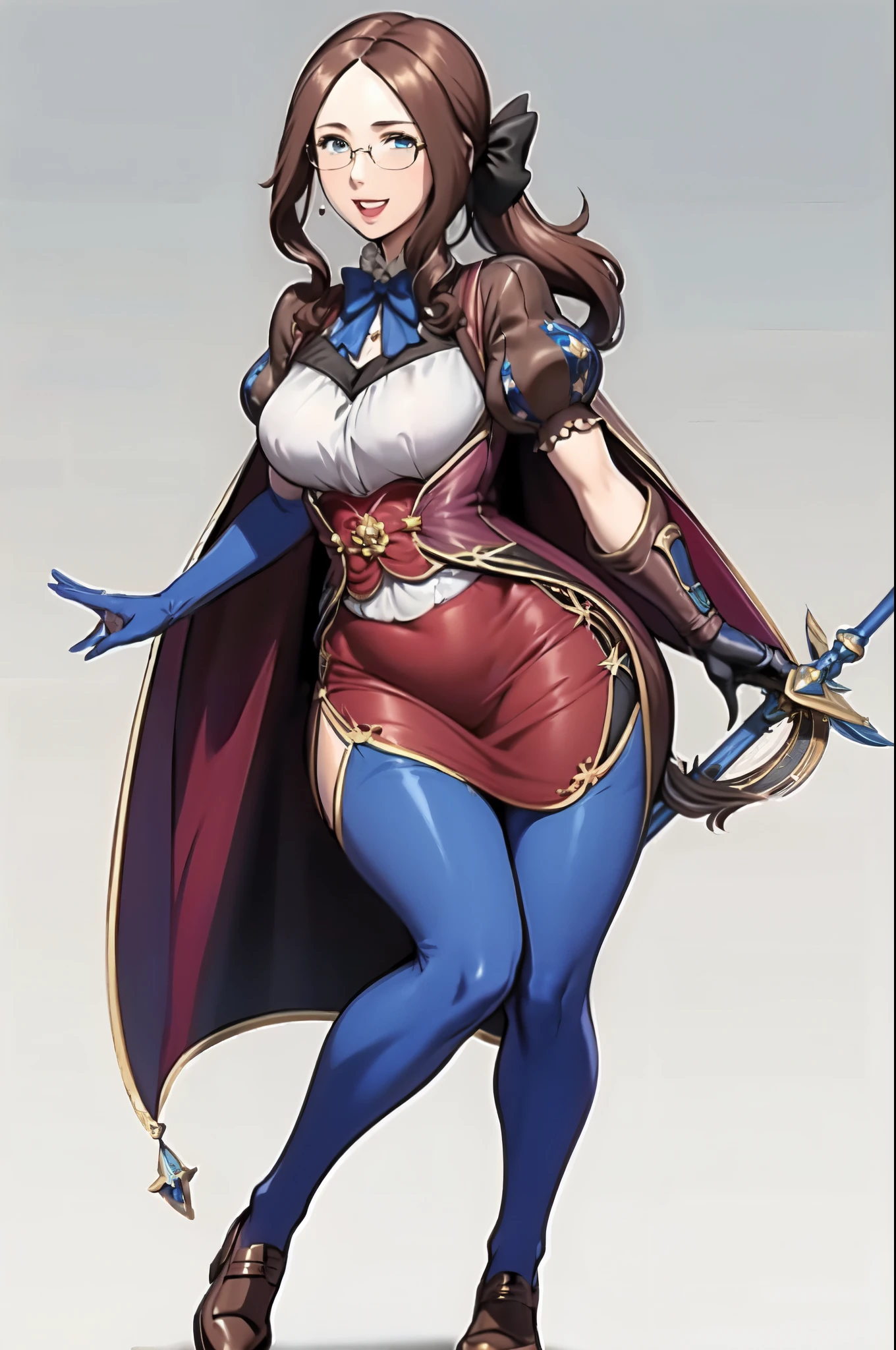 masterpiece, Best Quality, 1 Girl,  Leonardo da Vinci (destiny),  Leonardo da Vinci (caster) (destiny), Alone, シングルGauntlet, Brown Hair, Gloves, Long Hair,  puff sleeves, parted bangs, puffy Short sleeve, staff,  blue eyes , Brown footwear,  puff and slash sleeves only, blue Gloves, red skirt, blue pantyhose, Short sleeve, Full Body, Gauntlet, smile, shoes,  opens her mouth, skirt, holding staff, holding,  watching viewers , bangs, pantyhose, , bow, star (symbol), :d,  elbow Gloves, simple background, amount, dress, chest, standing, frills, blue bow, bowtie, frilled skirt, Cape,  ponytail, shirt, , blue bowtie, brown dress,(KBXLL-san:0.6)、 Bust９０㎝、（（３０age））、Glasses