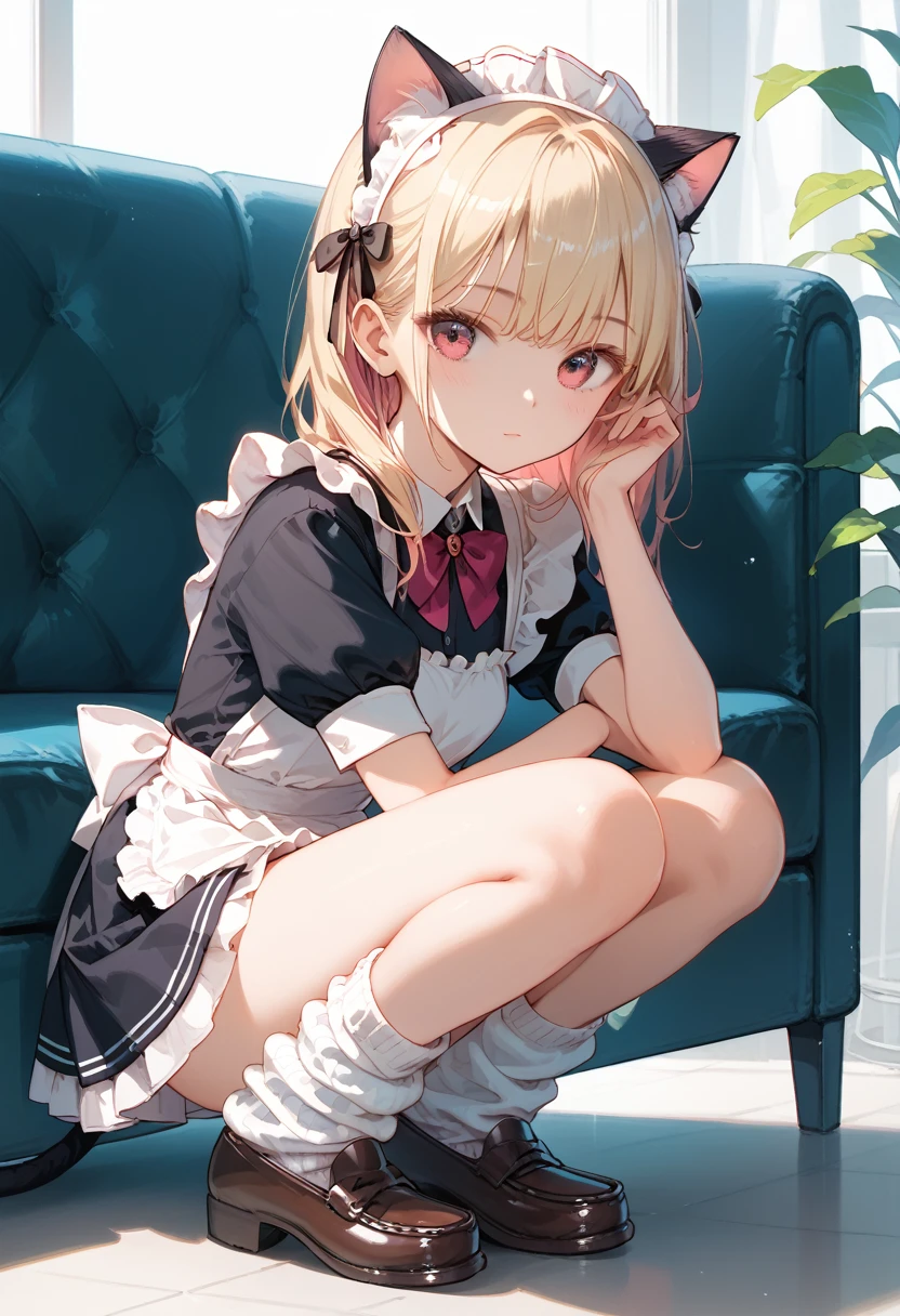 Score_9,Score_8_up,Score_7_up,highest quality anime,,masterpiece,1 girl,slim,small breasts,(Ideal slender proportions),(black_long_hair,straight_bangs,maid costume,cat ears,loose socks,loafers),squatting down