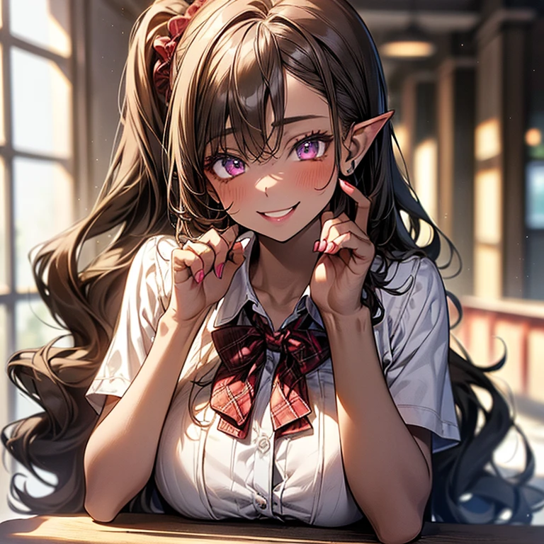 ((masterpiece:1.2), best quality, ultra high res, beautiful detailed hair detailed face, perfect feminine face, beautiful detailed eyes, 8k,  photorealistic , (finely detailed beautiful eyes and detailed face cg), (bright colors), (anime), break, elf, a girl, dark skin:1.2, slender, huge breast, a high school student, (light brown hair, wavy and silky hair, side pony tail), red scrunchie, purple eyes, Lash extensions, long eye lasher, (happy, lovely smile, upper eyes), (((perfect hands, complete anatomy))), (hands up, elbows on table, face palm、Rest your chin on your hands), shiny skin, break, collared short sleeve shirt, white shirt, grey plaid pleated skirt, red plaid bow tie), (cleavage), a family restaurant at noon, across the table, blurry background, indoors, upper body, ((perfect anatomy, limb and hand and finger and arm, hands finger 5 digits))