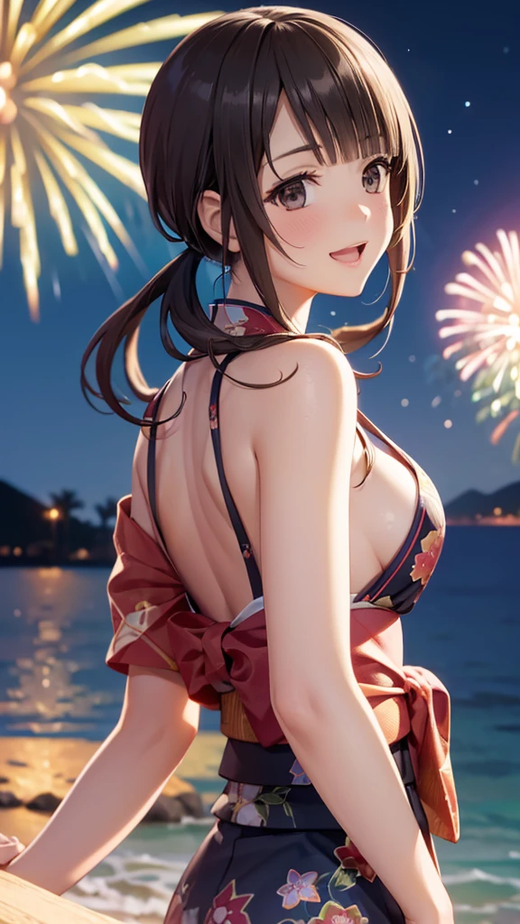 (16k, ultra high resolution,Best Quality,masterpiece,Super detailed,Perfect lighting ),((Very big bright fireworks:1.3)),((Summer Night:1.3)),Japanese Island,Okinawa looking back at the camera, low twintails,green yukata with floral pattern,Sea and beach, highly detailed facial features,  perfect face,  perfect eyes, anatomically correct body,open mouth,happy smile, taken from behind,Starry Sky,red cheek,((upper body Shot:1.3))