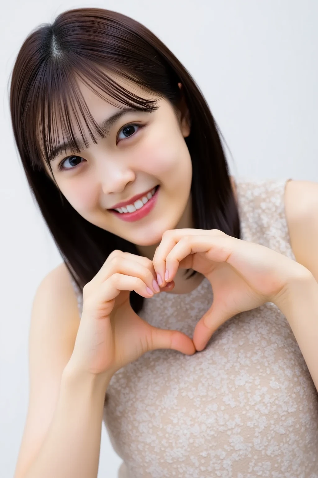 She is in a pose wearing a sexy camisole, making a firm big heart shape with both hands, and holding it in front of her chest, Cute smile up

