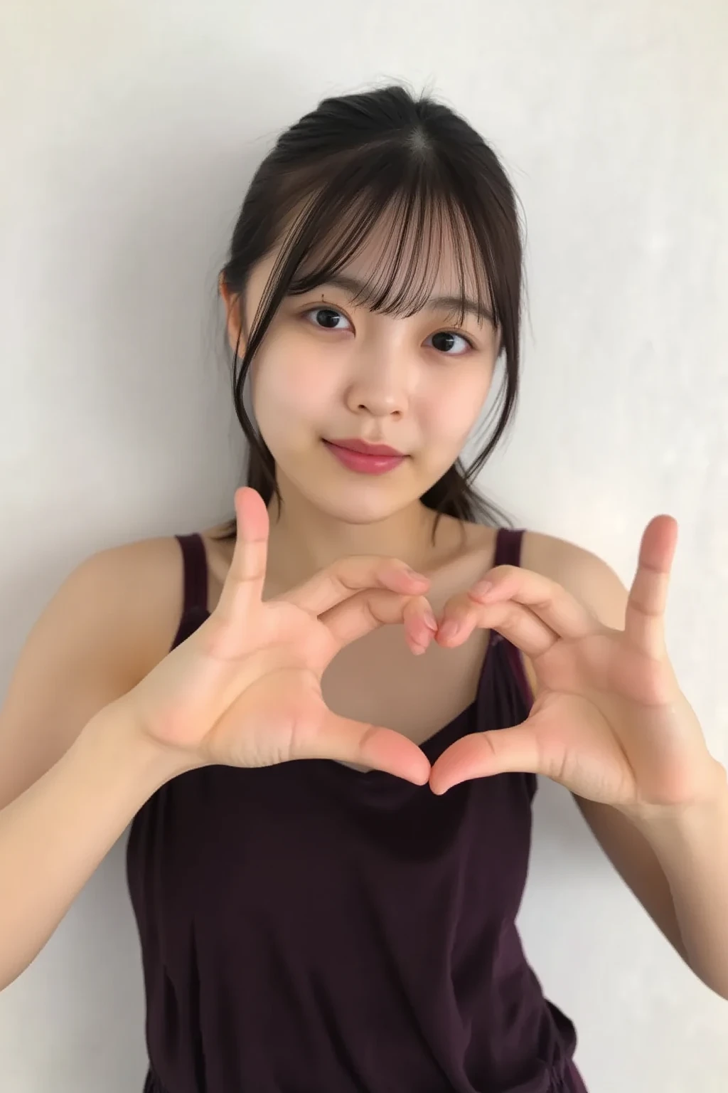 She is in a pose wearing a sexy camisole, making a firm big heart shape with both hands, and holding it in front of her chest, Cute smile up

