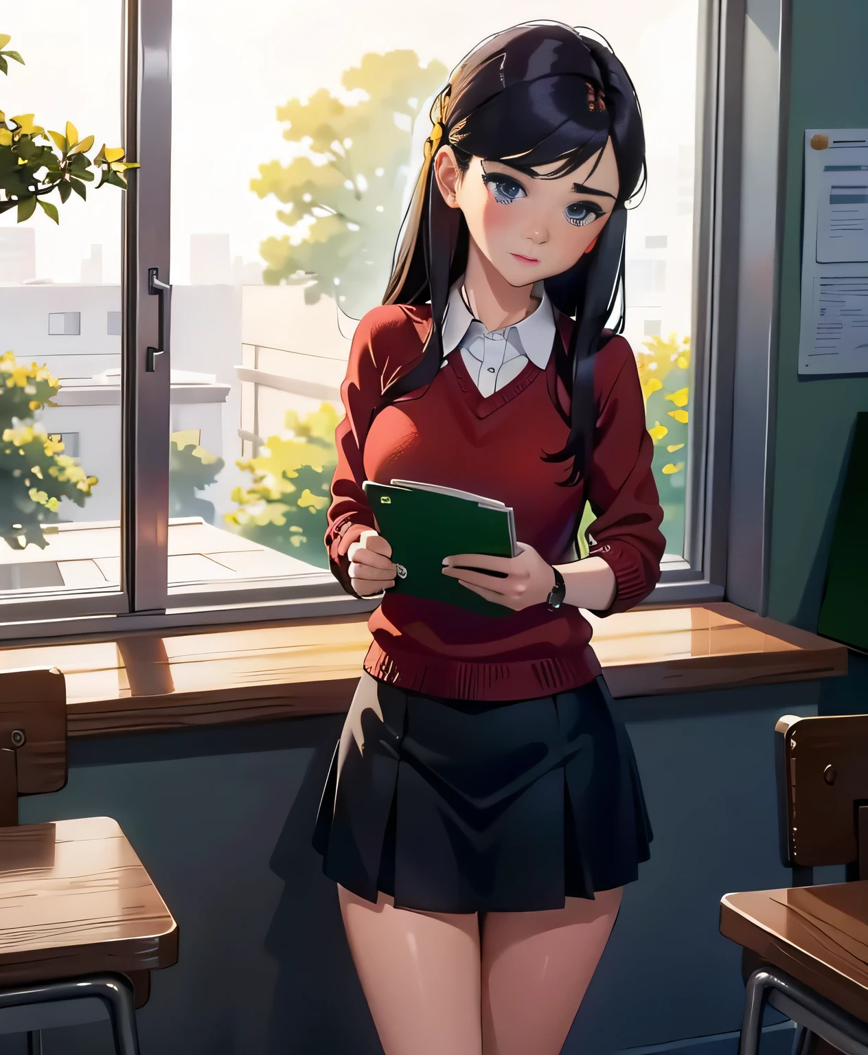 (better quality,highres),thick,Shy girl sitting in a classroom, in school uniform, front view, open legs , showing panties , beautiful and detailed eyes and face, thoughtful expression . Sharp focus on the girl, capturing her intricate features and the fine details of her face . The soft lighting illuminates the classroom , creating a serene and tranquil atmosphere . The girl's thick figure is accentuated by the way she sits, Exuding a soft presence. The artwork displays a realistic style , depth} with vivid colors and a palette of warm colors that adds to the scene . The girl's shy demeanor is complemented by her posture, immersed in her studies . The classroom is filled with academic paraphernalia , including textbooks, papers, and a blackboard in the background , emphasizing the educational environment . general, the work Of art depicts a moment of peace of a self-conscious girl absorbed in her studies, inviting spectators To appreciate the beauty of the academy and the individuality of each student , super thick, revealing clothes , Hentai pic, giant ass, 20-year-old ,