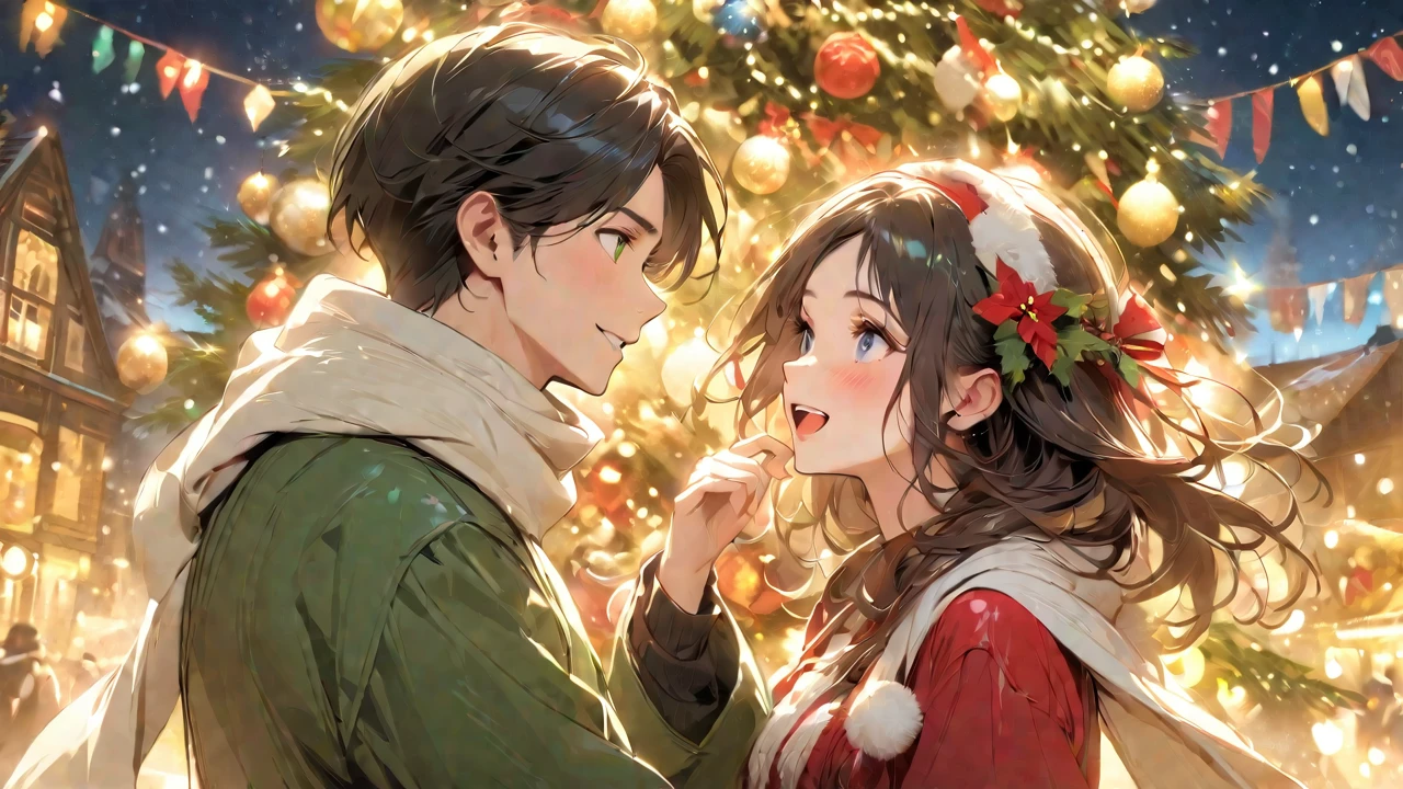 （masterpiece、high quality、High resolution、detailed、８k)、A Japanese couple in their 20s（Beautiful young man and beautiful woman、Beautiful eyes、Smooth Hair）、At the glittering Christmas market、Two people sideways、While staring at each other、Make eye contact、Laughing、The two of them look like they are having fun、Her dress warmly with a red coat and white scarf、He dress warmly with a green coat 。Lively atmosphere、Enjoying Christmas、Big Christmas tree behind、snowing、Digital art style