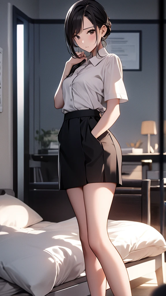 one woman,lightslategray skirt,dress shirt,white lace panties,lift up skirt,cleavage between breasts,grab own butt,hand between legs,seiza,sexy pose,tiny breasts,butt,tall of a person,thin,gleaming skin,cute face,thick eyebrows,sharp eyes,embarrassed,seductive smile,naughty expression,excited,flushed cheeks,bob hair,wave hair,saddlebrown hair,blue eyes,from front,indoor,on the bed,illustration style,anime style,masterpiece, extremely fine and beautiful,illustration,kiss,adult woman