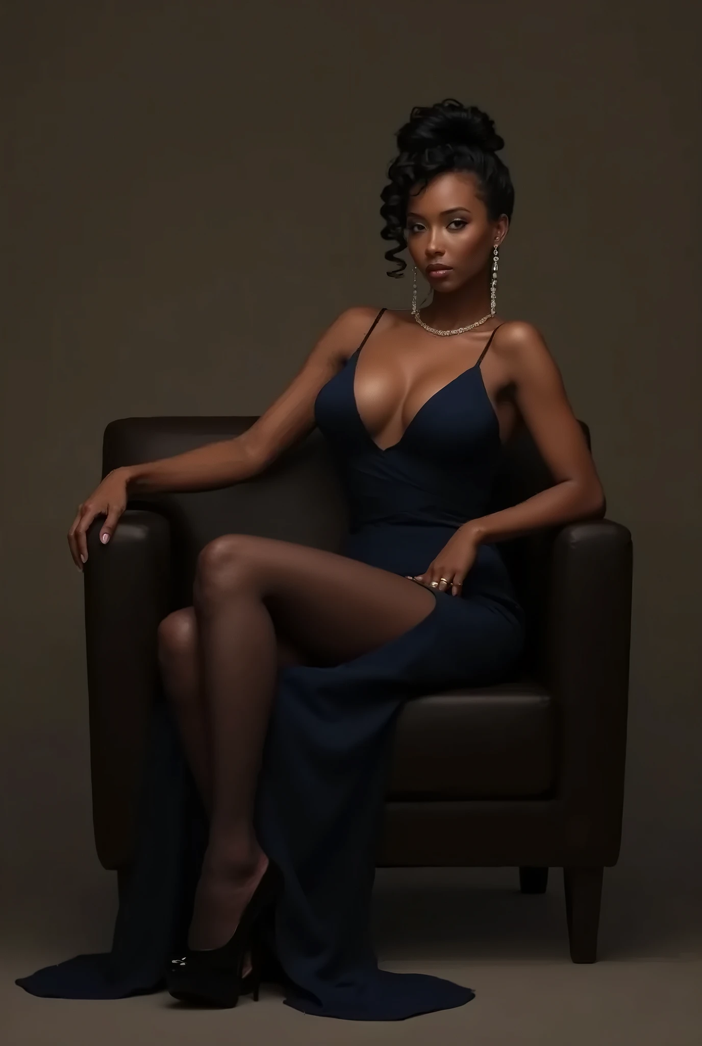 "Uma fotografia profissional de uma mulher negra deslumbrante em um longo, vestido branco, sitting with her legs crossed and her hands resting on the armchair, em uma poltrona de couro marrom estilo vintage. The background is a black studio background with chiaroscuro lighting. ultra-detalhado, ultra-realistic, 8K resolution."