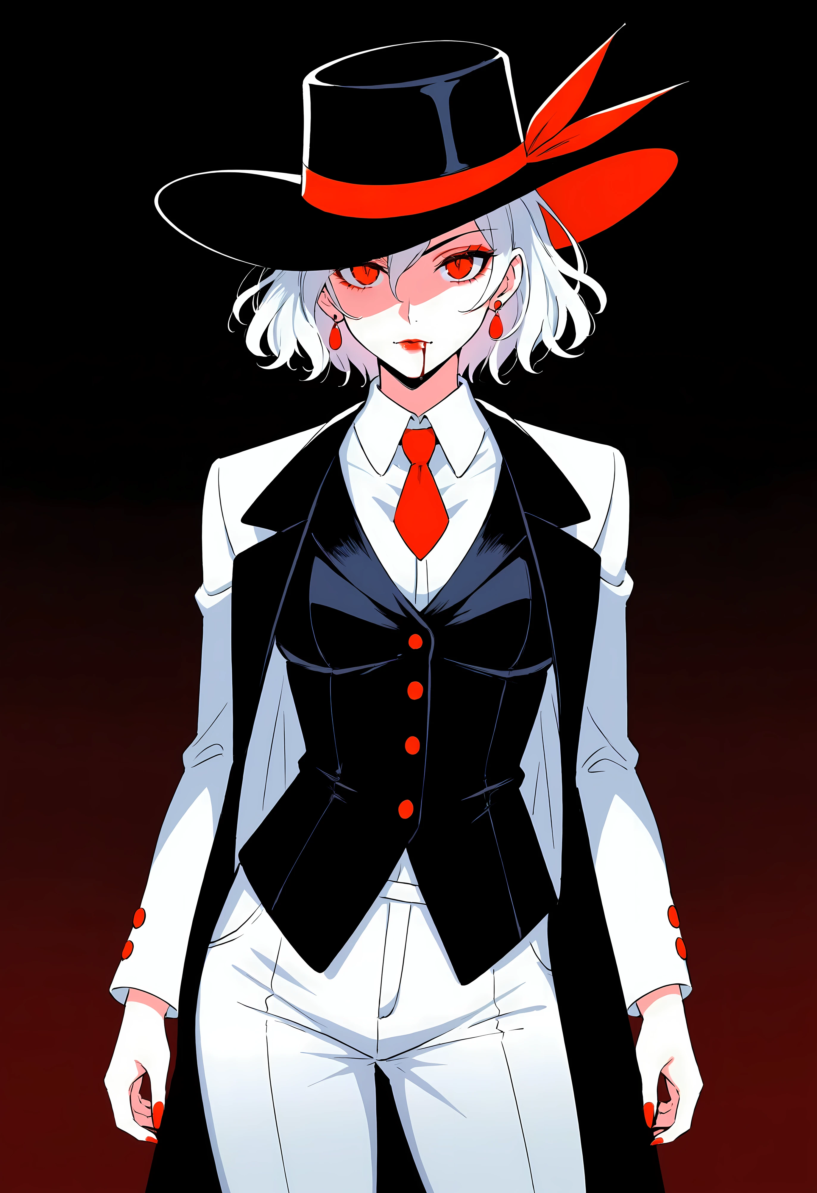 A striking female vampire exudes power and sophistication as she stands against a dark, shadowy background. Her short, sleek white hair peeks out from under a stylish black fedora, adding to her mafia boss aura. Her glowing red eyes pierce through the darkness with a commanding gaze. She is dressed in a sharp, tailored white suit with black lapels, exuding elegance and control. A blood-red pocket square and a rose pinned to her jacket add a vibrant contrast, while the lace detailing on her cuffs provides a subtle gothic touch. The image captures her deadly allure, blending the sinister grace of a vampire with the cool, calculated presence of a mafia leader. Every detail is rendered in high fidelity and ultra quality, with a cinematic composition that highlights her dominance and mysterious charm.