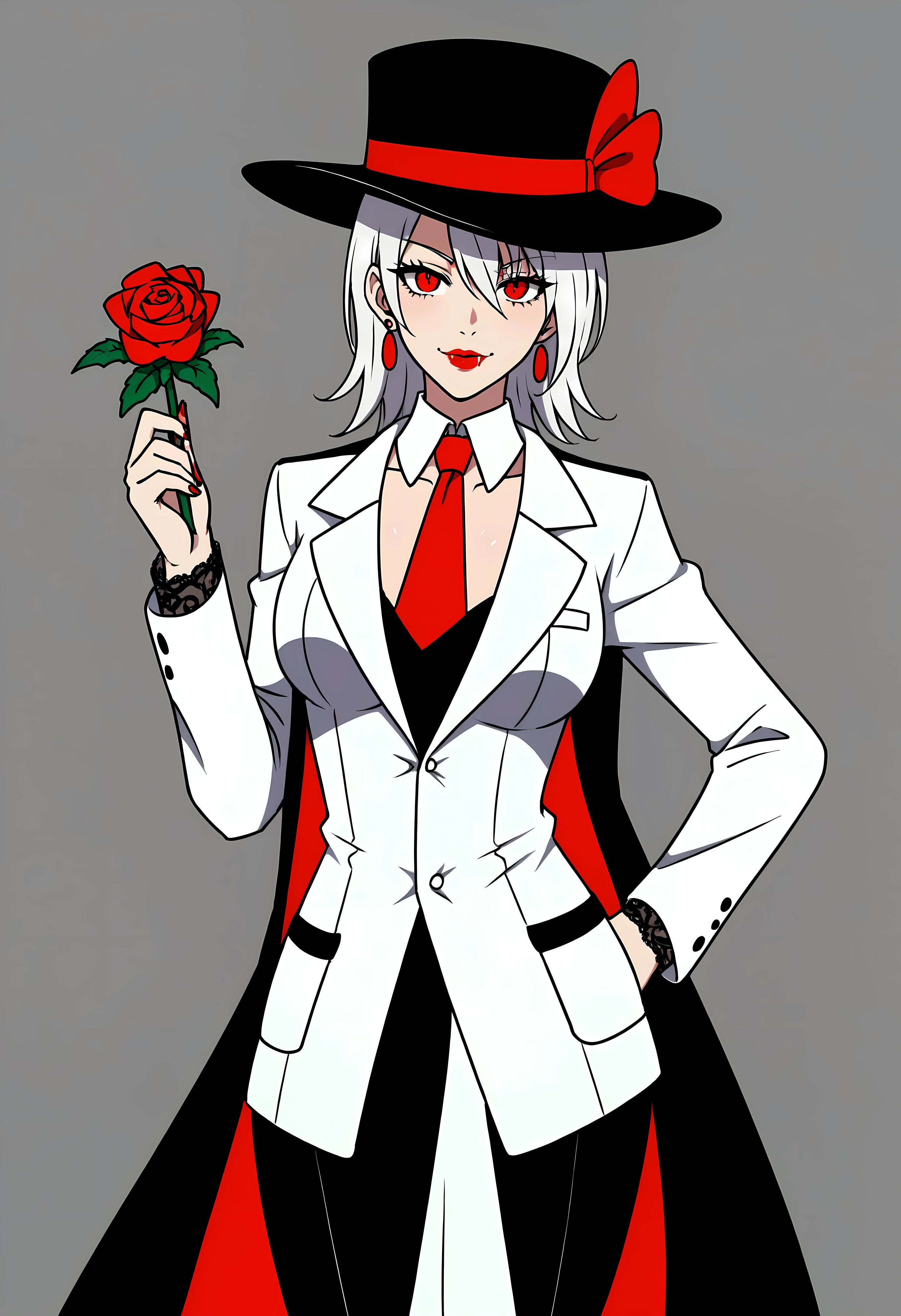 A striking female vampire exudes power and sophistication as she stands against a dark, shadowy background. Her short, sleek white hair peeks out from under a stylish black fedora, adding to her mafia boss aura. Her glowing red eyes pierce through the darkness with a commanding gaze. She is dressed in a sharp, tailored white suit with black lapels, exuding elegance and control. A blood-red pocket square and a rose pinned to her jacket add a vibrant contrast, while the lace detailing on her cuffs provides a subtle gothic touch. The image captures her deadly allure, blending the sinister grace of a vampire with the cool, calculated presence of a mafia leader. Every detail is rendered in high fidelity and ultra quality, with a cinematic composition that highlights her dominance and mysterious charm.