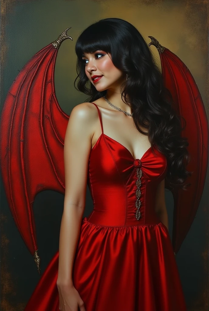 A masterpiece of a painting! Vampire Woman takes center stage in a stunning work of art. The subject's beautiful white skin glows with an ethereal light, perfectly capturing the intricate details of her anatomy. Her vibrant red dress flows like crimson silk around her, as she poses in profile, inviting half-open lips and a subtle smile. Red bat wings sprout from her back, their delicate veins a testament to the artist's masterful use of mineral pigments. Her long hair cascades down her neck, framing her face with luscious bangs that frame her piercing red eyes. The overall effect is nothing short of enchanting.