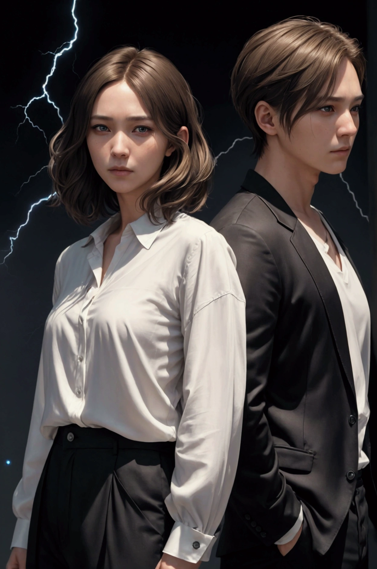 movie poster, butterfly, science fiction, movie, atmosphere, sky, male and female couple, blonde and long-haired woman, adult, (realism: 1.4), top quality, masterpiece, male, thin, (1 man, white loose shirt, black pants, viewer watch, brown hair, gray eyes, closed mouth, upper body), (idol face, Korean face, sharp eyeliner) (male), (face focus, potreit, Lightning in the movie, (light spring theme, short-haired man),((close-up of female face on background of man standing in foreground))