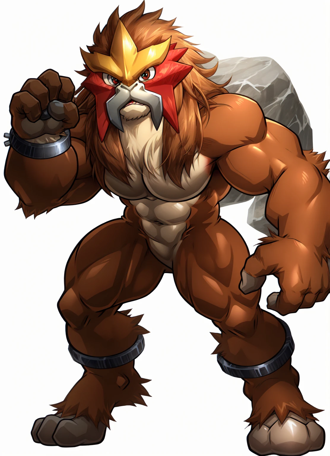 best quality,1boy,solo,muscular male,hi res,8k hd, full body,((entei(pokemon),male furry)), red eyes,muscular, (soft shading), 4k, hi res, five fingers, detailed hands, ((detailed face, (detailed eyes:1.3), detailed)), (((full body))),show legs,show feet,(by maldu,metokuron:1.1), solo, looking at viewer, 1boy, standing,dramantic muscle pose,((nude:1.7)), male focus, smile,white background