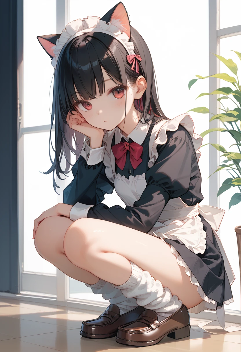 Score_9,Score_8_up,Score_7_up,highest quality anime,,masterpiece,1 girl,slim,small breasts,(Ideal slender proportions),(black_long_hair,straight_bangs,maid costume,cat ears,loose socks,loafers),squatting down