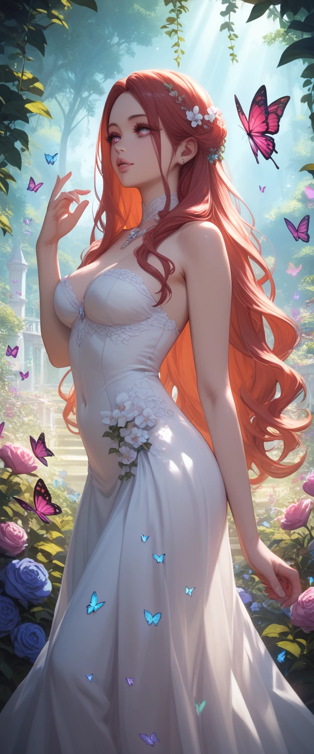  erotic pose, cut out,  High School of the Dead , 4K, topic,  Best quality , bright colors, fantasy, detailed face,  long hair ,  beautiful eyes, Tender lips, magical atmosphere, magic garden , bright flowers, butterflies,  soft sunlight,  dreamy background ,  Elegant pose,  magical appearance 