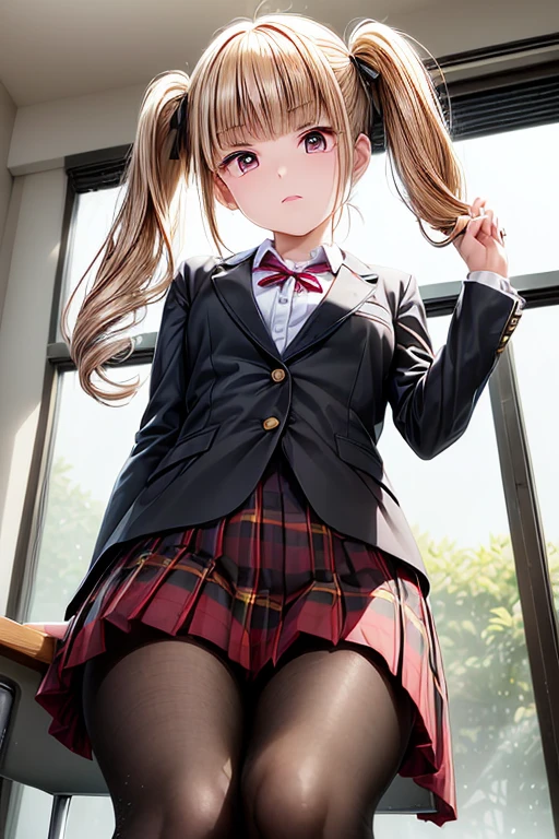  Girl posing for a photo , animeのかわいい女の子, (( one girl playing pranks)), ((:1.3)), ((cute:1.3)), 
break 

((Yamabuki Blazer :1.4)) + ((Black dress shirt:1.2)) + (( Yellow and Red Plaid Pleated Skirt:1.4)) + ((Red tie)), (( low denier black pantyhose :1.4)), ((Shiny dark brown loafers )),  
#((Silver Necklace)), 
break 

((Blonde:1.2)), ((slicked back hair:1.4)), (( twin tails) : ( Short Hair) + ( voluminous hair) + (Outward-curling hair) + (Curly hair) + (Tied up with white ribbon)), 
(Droopy eyes:1.4), (Big Eyes:1.4), ( blue eyes ), 
((Small breasts)), 
break 

((noon, School Classroom with Sunlight , Window)), 
((Glaring expression:1.2) + (Disgust) + (Bad mood) + (Arrogant expression:1.2)), ((Confident、Powerful、Intimidating and condescending attitude、sitting cross-legged at a desk)),   
(( angle from below:1.5)), (( reddish pink lips )), (( cowboy shot of a man)),  
break 

( Slim Body ), (Symmetrical facial features), 
( detailed hair), (Beautiful Hair), ( shiny hair ), 
(double eyelid), ( long eyelashes), (Thin eyebrows), 
( Sparkling Eyes ), (Detailed eyes), ( beautiful eyes), ( perfect eyes), (Shining Eyes),  
((Human Ear)), 
(Beautiful Nose), (Thin Nose), 
(Glossy lips), (Beautiful Lips), (Thick lips), 
(Detailed skin), (Fine skin), (Beautiful Skin), ( oily skin ),  
break 

(((Best Quality)), ((masterpiece:1.3)), (( very detailed ))), (( ultra high resolution)), ((16k)), ((1080P)), ((Full HD)), 
(  anatomically correct), ((Realistic)), (3DCG), ((Oil)), 
((anime)), ((photorealistic)), (CG illustration), ( RAW Photos), 
