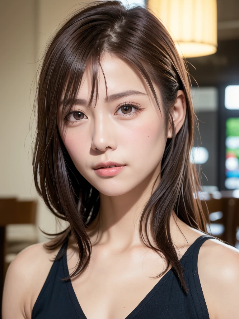 natta, Raw photography, (((Very beautiful portrait))), ((glistning skin)), 1girl in, Sexy 2 girl, Cafe Clerk、((Sauvage's natural brown hair)), Gentle smile staring at the camera, ((​masterpiece, top-quality, ultra-detailliert, ciinematic light, intricate detailes, hight resolution, 8K, ighly detailed)), detailedbackground, 8KUHD, Digital SLR, Soft lighting, hightquality, film grains, FujifilmXT3, Shallow depth of field, natural soft light、face perfect