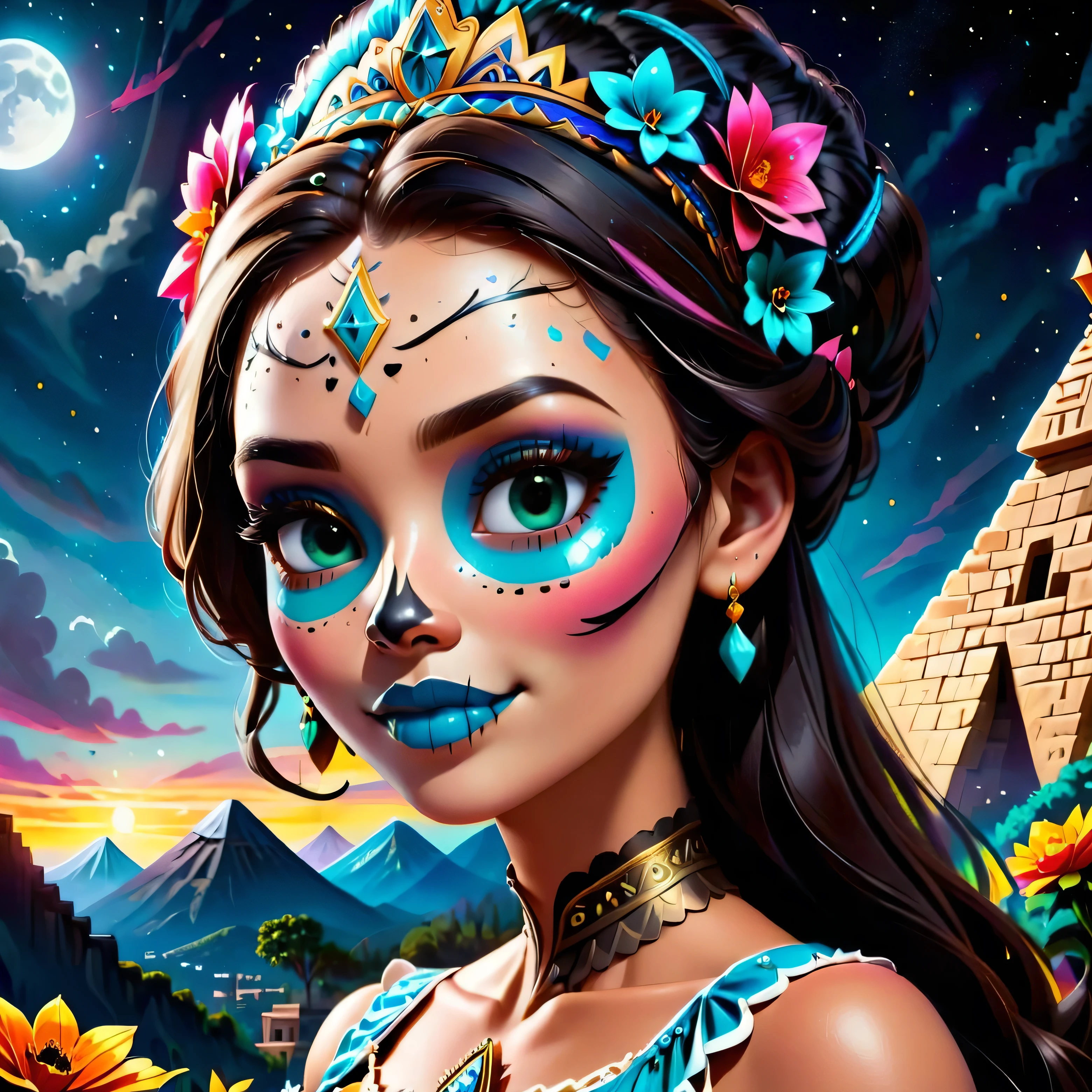  Princess Raya Disney version catrina , young,  female juvenile body , (0.5), extremely long hair , Hairstyle , dark brown color, Light brown eyes,  dressed in a strapless charro ,  with turquoise corcet gold decorations (0.5),  big breasts , smile, pink lips (0.5), compassionate look , painted the entire face in white ,  drawing of a half circle on the sides of the eye and filling with the color up to the height of the eye ,  painted the area with black shadow and complete the circle ,  a trace of petals and decorated lines around the eye frame and placing false eyelashes ,  I draw a diagonal line under the cheekbones ,  blurred downwards applying little by little more shade until reaching the jaw ,  painted the tip of the nose like a curve in black , labial azul en el centro de los labios en forma de corazón y proceder a pintar los dientes en forma de smile con pintura negra parte superior del cuerpo, walking at night (0.5), alone, starry sky ,  pyramid in a staggered shape ,  It has four sides ,  a rectangular platform 55 . 5 meters wide and 24 meters high .  Each side has 91 steps ,  2 volcanoes shining in the moonlight ,  Open mouth, alta resolución,  masterpiece , anatomically correct, necessary,  the best quality,  Awarded many times , Detail, Damaged, Details altos, HD model, quality,  high quality,  very detailed , Retina, 