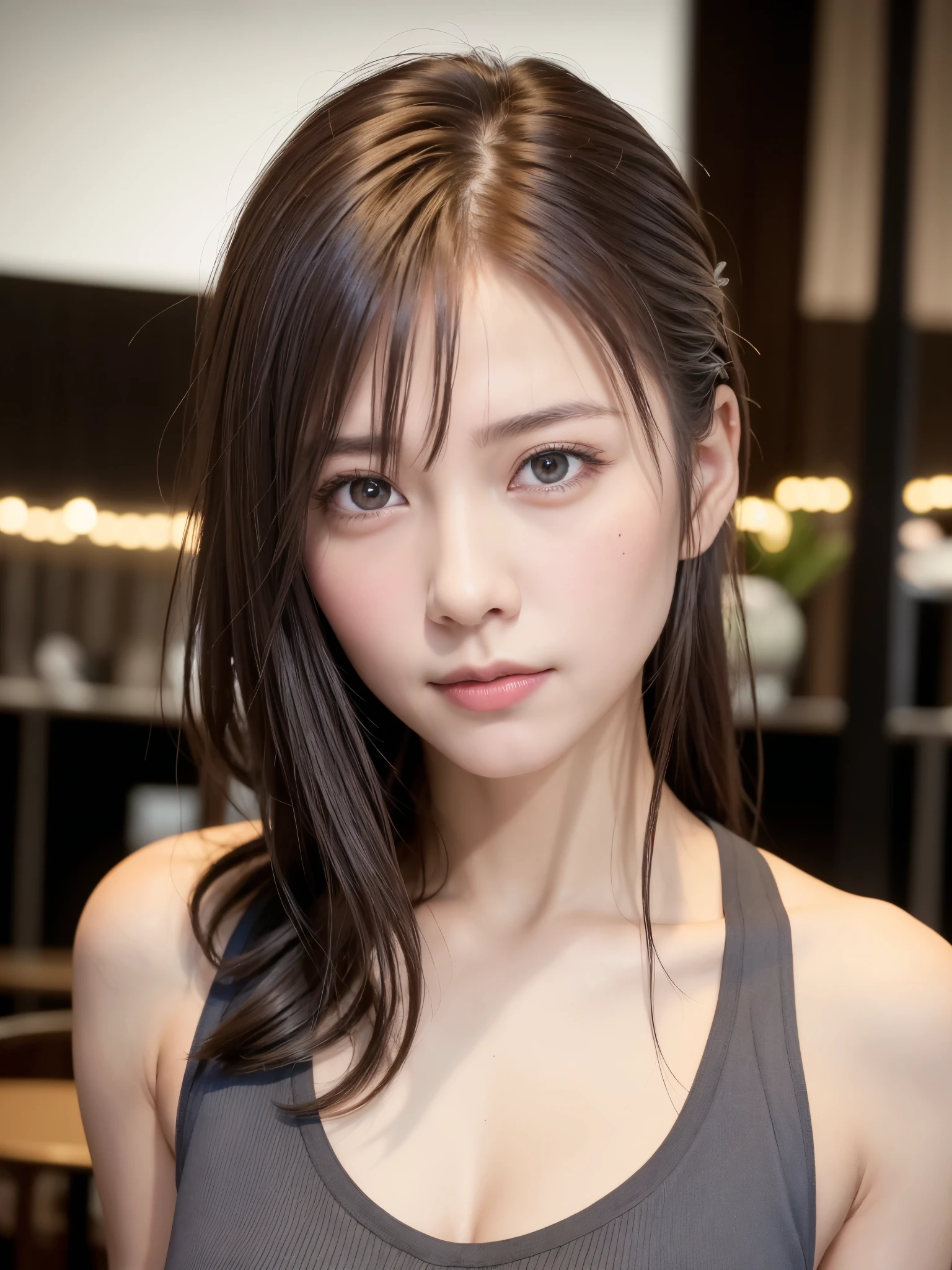 natta, Raw photography, (((Very beautiful portrait))), ((glistning skin)), 1girl in, Sexy 2 girl, Cafe Clerk、((Sauvage's natural brown hair)), Gentle smile staring at the camera, ((​masterpiece, top-quality, ultra-detailliert, ciinematic light, intricate detailes, hight resolution, 8K, ighly detailed)), detailedbackground, 8KUHD, Digital SLR, Soft lighting, hightquality, film grains, FujifilmXT3, Shallow depth of field, natural soft light、face perfect