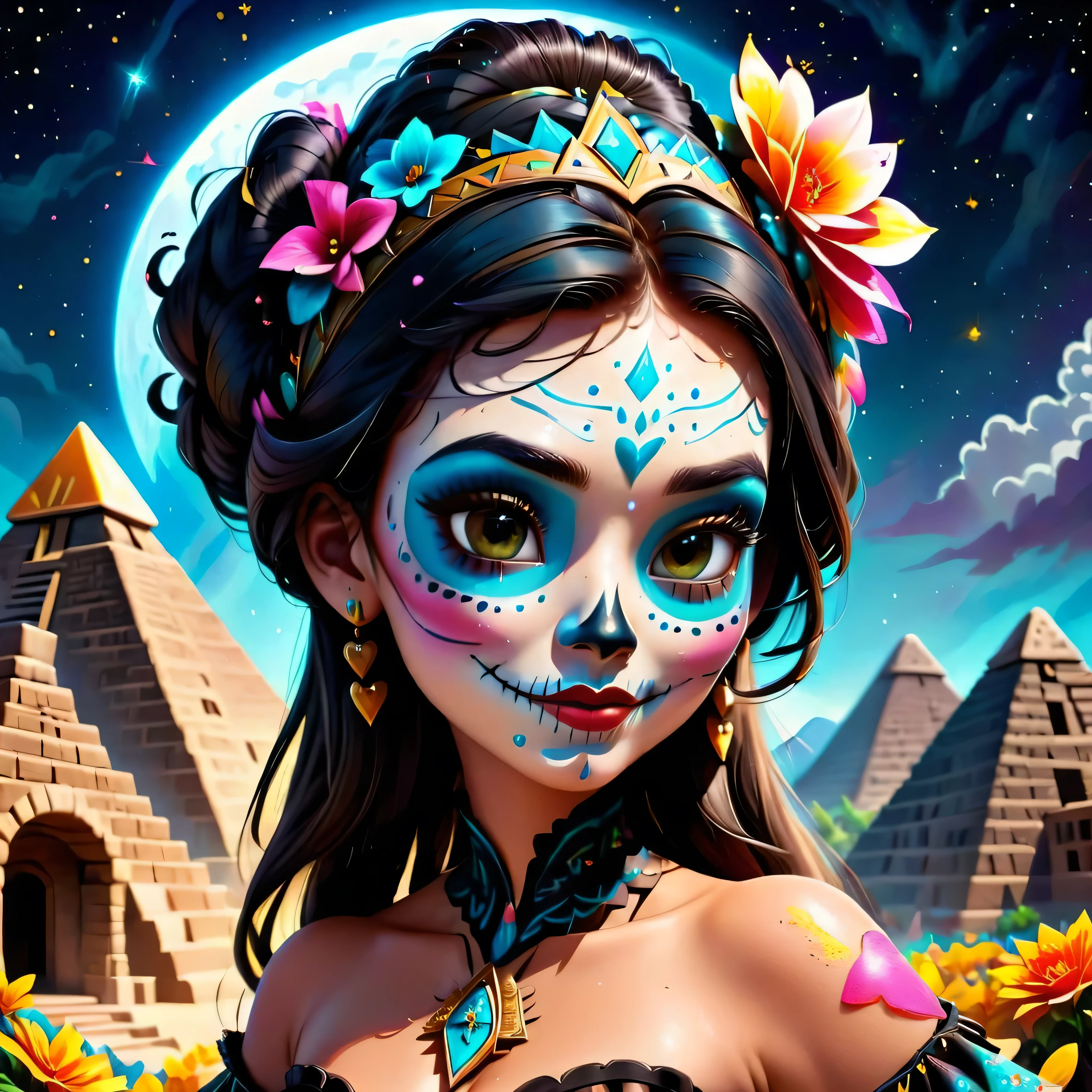  Princess Raya Disney version catrina , young,  female juvenile body , (0.5), extremely long hair , Hairstyle , dark brown color, Light brown eyes,  dressed in a strapless charro ,  with turquoise corcet gold decorations (0.5),  big breasts , smile, pink lips (0.5), compassionate look , painted the entire face in white ,  drawing of a half circle on the sides of the eye and filling with the color up to the height of the eye ,  painted the area with black shadow and complete the circle ,  a trace of petals and decorated lines around the eye frame and placing false eyelashes ,  I draw a diagonal line under the cheekbones ,  blurred downwards applying little by little more shade until reaching the jaw ,  painted the tip of the nose like a curve in black , labial azul en el centro de los labios en forma de corazón y proceder a pintar los dientes en forma de smile con pintura negra parte superior del cuerpo, walking at night (0.5), alone, starry sky ,  pyramid in a staggered shape ,  It has four sides ,  a rectangular platform 55 . 5 meters wide and 24 meters high .  Each side has 91 steps ,  2 volcanoes shining in the moonlight ,  Open mouth, alta resolución,  masterpiece , anatomically correct, necessary,  the best quality,  Awarded many times , Detail, Damaged, Details altos, HD model, quality,  high quality,  very detailed , Retina, 