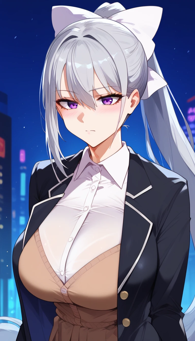 score_9, score_8_up, score_7_up, hk1, purple eyes, grey hair, hair between eyes, long hair, very long hair, ponytail, mole, mole under eye, bow, white bow、huge Breasts、
shirt, white shirt, necktiepurple necktieCardigan, (brown Cardigan、black jacket, black blazer),  upper body