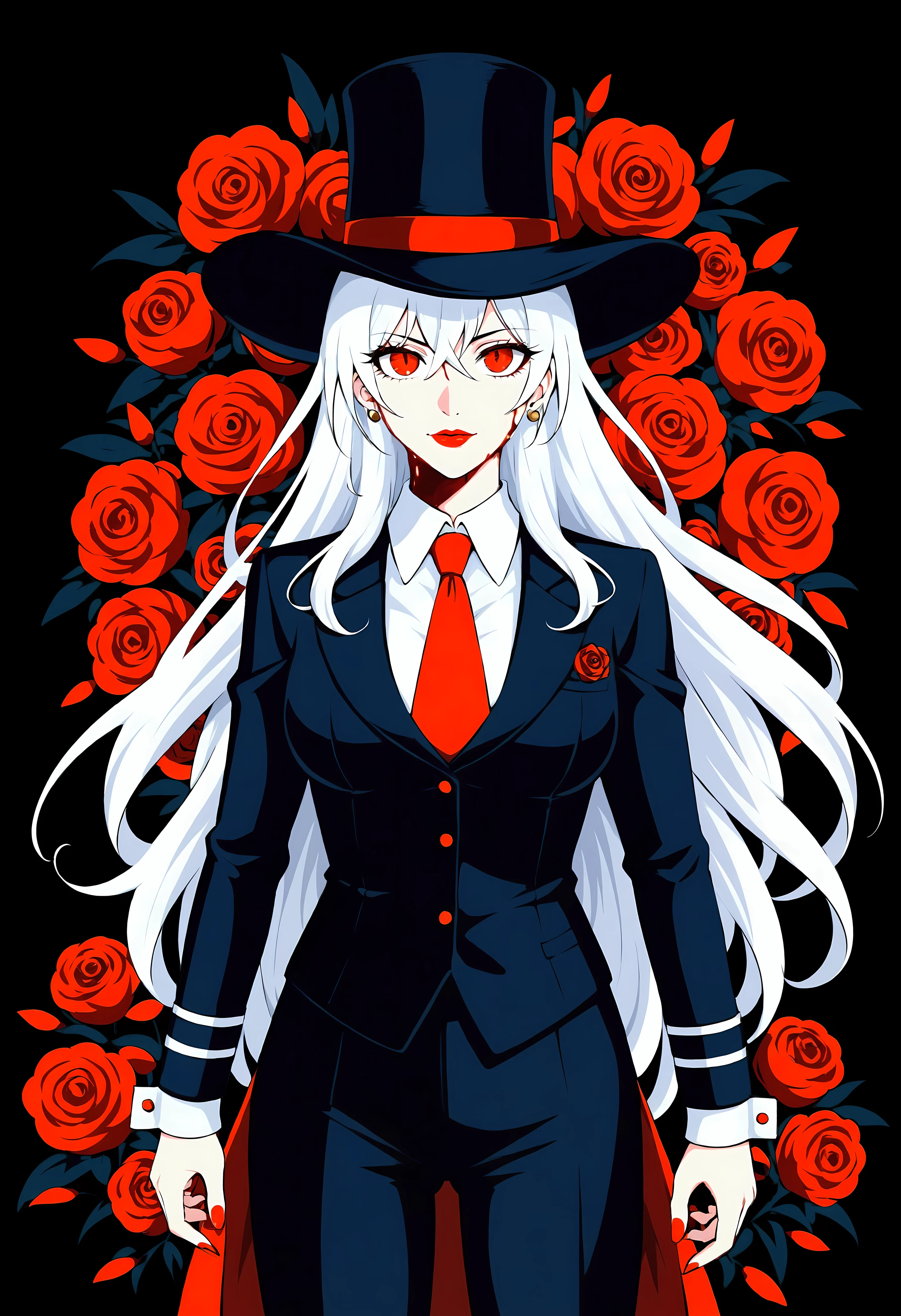 A striking female vampire exudes power and sophistication as she stands against a dark, shadowy background. Her short, sleek white hair peeks out from under a stylish black fedora, adding to her mafia boss aura. Her glowing red eyes pierce through the darkness with a commanding gaze. She is dressed in a sharp, tailored white suit with black lapels, exuding elegance and control. A blood-red pocket square and a rose pinned to her jacket add a vibrant contrast, while the lace detailing on her cuffs provides a subtle gothic touch. The image captures her deadly allure, blending the sinister grace of a vampire with the cool, calculated presence of a mafia leader. Every detail is rendered in high fidelity and ultra quality, with a cinematic composition that highlights her dominance and mysterious charm.