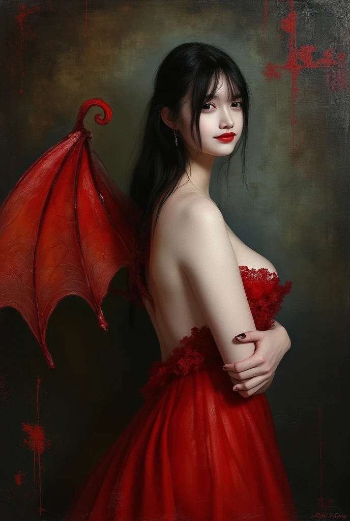 A masterpiece of a painting! Vampire Woman takes center stage in a stunning work of art. The subject's beautiful white skin glows with an ethereal light, perfectly capturing the intricate details of her anatomy. Her vibrant red dress flows like crimson silk around her, as she poses in profile, inviting half-open lips and a subtle smile. Red bat wings sprout from her back, their delicate veins a testament to the artist's masterful use of mineral pigments. Her long hair cascades down her neck, framing her face with luscious bangs that frame her piercing red eyes. The overall effect is nothing short of enchanting.