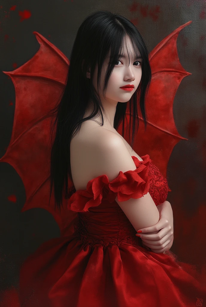 A masterpiece of a painting! Vampire Woman takes center stage in a stunning work of art. The subject's beautiful white skin glows with an ethereal light, perfectly capturing the intricate details of her anatomy. Her vibrant red dress flows like crimson silk around her, as she poses in profile, inviting half-open lips and a subtle smile. Red bat wings sprout from her back, their delicate veins a testament to the artist's masterful use of mineral pigments. Her long hair cascades down her neck, framing her face with luscious bangs that frame her piercing red eyes. The overall effect is nothing short of enchanting.