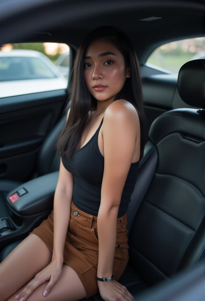 A photo of a young woman sitting on a car seat. She has fair skin, long black hair, and grey eyes. She is wearing a black spaghetti strap top and a brown short skirt. The car interior is black leather. There is a light from inside the car shining on her face. The photo is taken from the front view. The background is blurred.